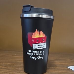 Black Stainless Travel Tumbler with 'Dumpster Fire' Graphic